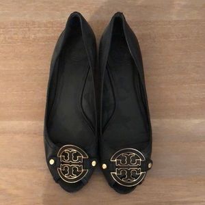 Tory Burch black low leather wedges size 10